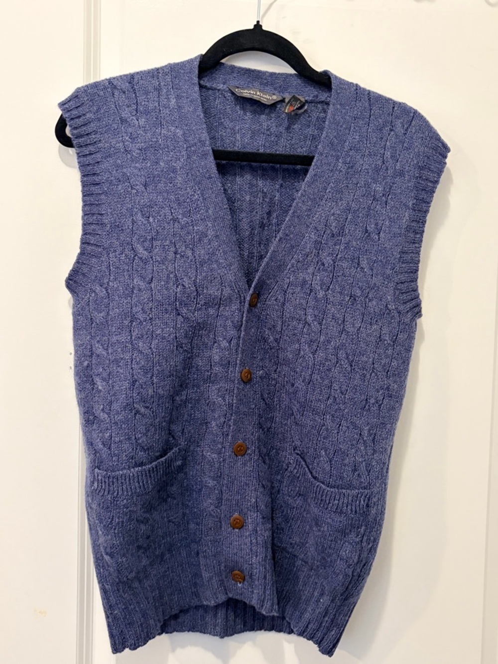 Vintage Calvin Klein Scotland 100% Shetland Wool Cable Knit Button-Up Vest - S